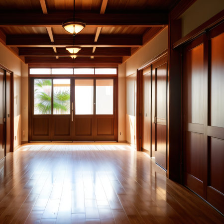 Modern hallway with wooden door and copyの素材