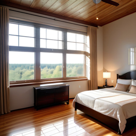 a bedroom with a large window and a bed inの素材