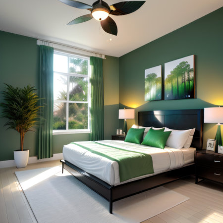 Contemporary bedroom featuring a green accent wall adorned with artworkの素材