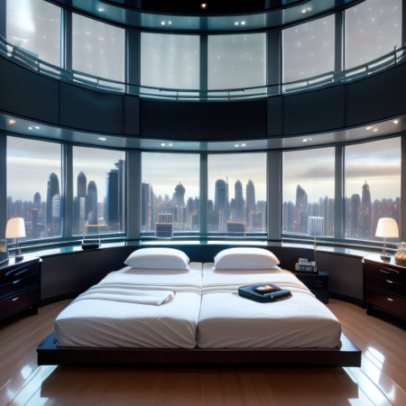 Futuristic penthouse bedroom at night showing buildings through windowsの素材