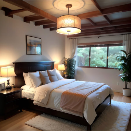 Cozy spacious bedroom in light muted colors with light wood live plantsの素材