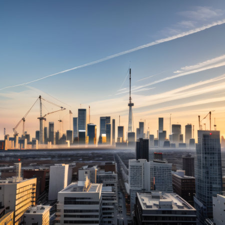 Architectural landscape of a modern city with cranes and skyscrapersの素材