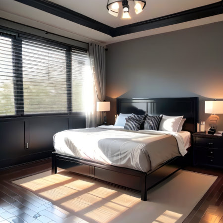 Wicker accessories in black and grey modern bedroomの素材