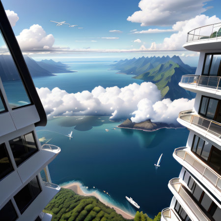 Stylish contemporary architecture amidst scenic naturalの素材