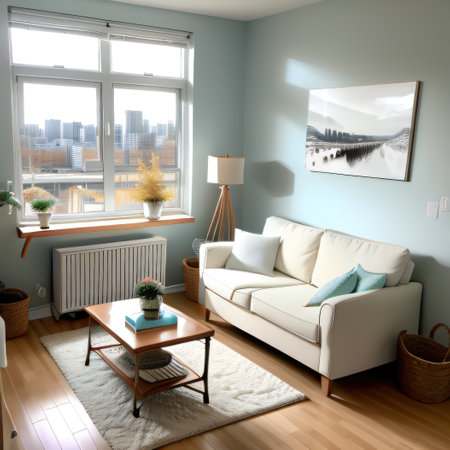 Modern Pastel Blue Nursery Interior Apartment with City Views and Wood Cribの素材