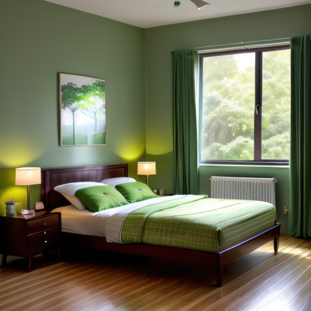 Beautiful Green Mid Century Modern Bedroom Interior with Furniture andの素材