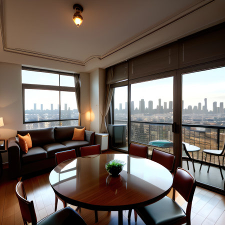 Interior of a luxury apartment with a great view of the cityの素材