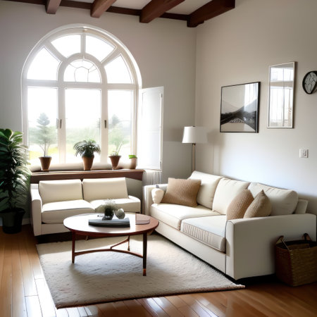 Beige sofarmchair in room with arched Luxury style home interior design ofの素材