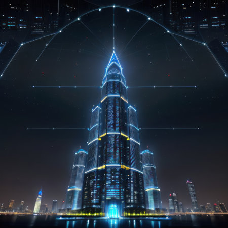 Futuristic skyscraper design with glowing blue equipment and dataの素材