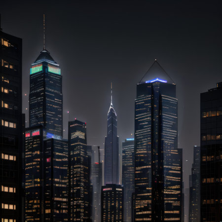 Skyscrapers at dark building city lights reflection onの素材