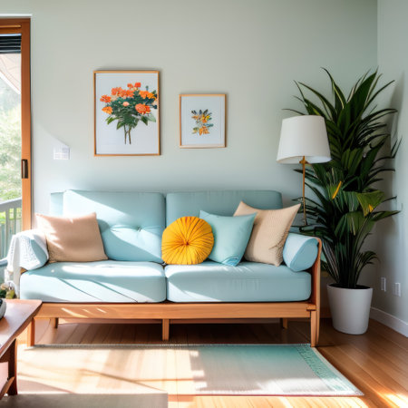 Sunny Bright Modern Spring Interior with Floral Vertical Wall Art Made withの素材