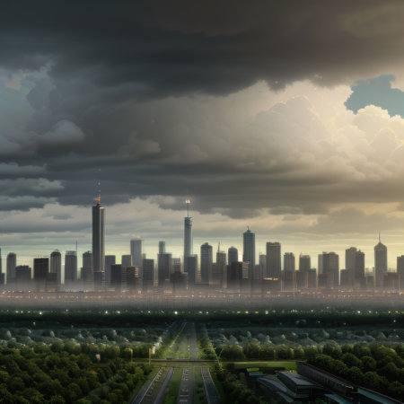 a green digital artwork scene with city skylineの素材