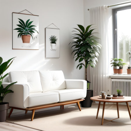 Stylish scandinavian living room with design mint mock up poster plantsの素材