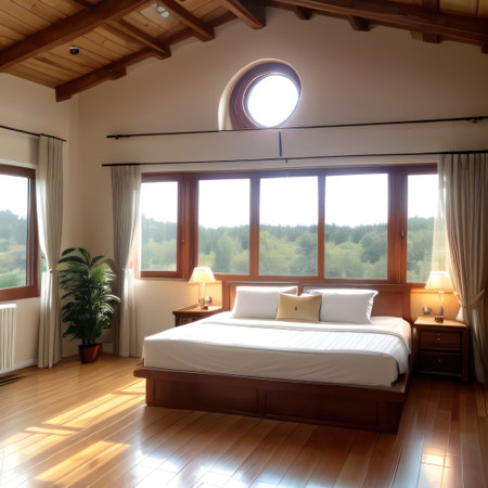 white living room in with wooden floors and wooden beamsの素材