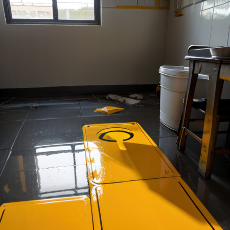 of a yellow standing plastic sign with a figure slipping and falling andの素材