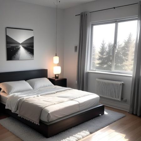 Interior of a contemporary bedroom with a double dark gray and a wooden aの素材