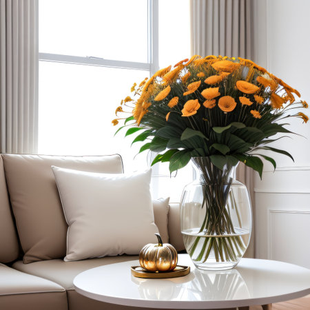 White and gold home autumn Flowers stand in a vase on the table next toの素材