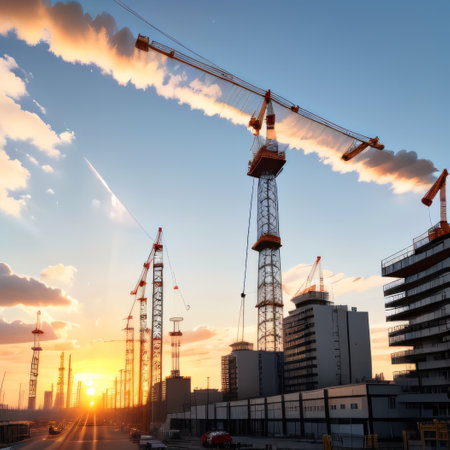 Construction cranes and workers on a residential building against a sunnyの素材