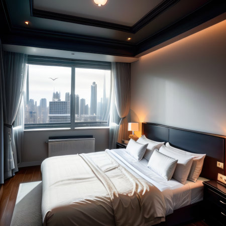 Futuristic penthouse bedroom at night showing buildings through windowsの素材