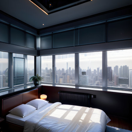 Futuristic penthouse bedroom at night showing buildings through windowsの素材