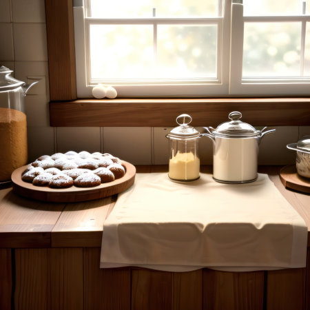 Baking ingredients on wooden table over defocused kitchen windowの素材
