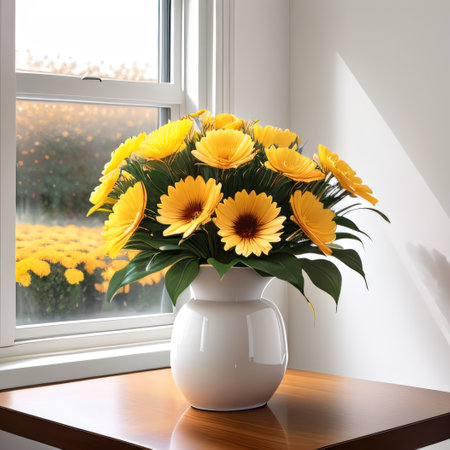 White and gold home autumn Flowers stand in a vase on the table next toの素材