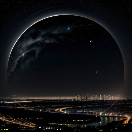 Smart city at night with a large looping full moon in theの素材