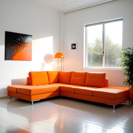 Minimalistic white living room with an orange leatsofdecorativeの素材