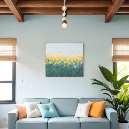 Sunny Bright Modern Spring Interior with Floral Vertical Wall Art Made withの素材
