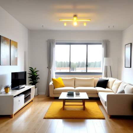 Cosy modern living room interior with yellow sofdecoration room on aの素材