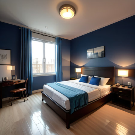 ed bedroom at night with blue walls and cozy evening lightingの素材