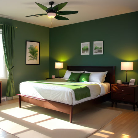 Beautiful Green Mid Century Modern Bedroom Interior with Furniture andの素材