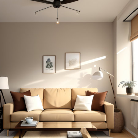 Wall of a warm beige minimalist living room with curved low furniture andの素材