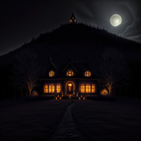 Haunted house on a hill with illuminated by moonlight and Holiday eventの素材