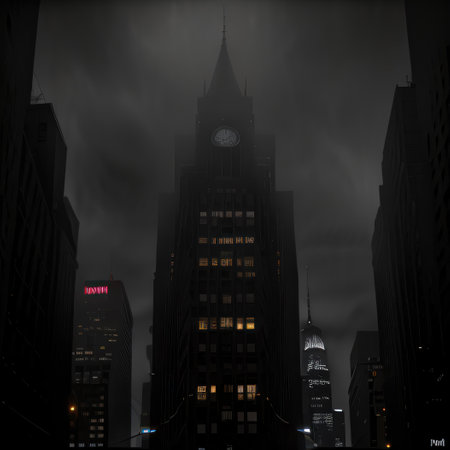 Noir city street with tall buildings and street Misty cold sin cityの素材