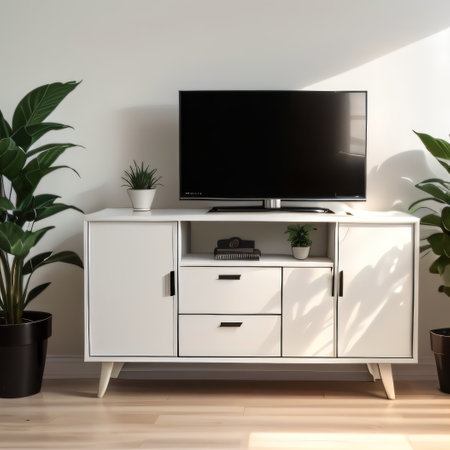 Television put on tv stand wood in minimal empty spave room backgroundの素材