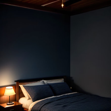 Home cozy dark blue bedroom interior background with technologyの素材