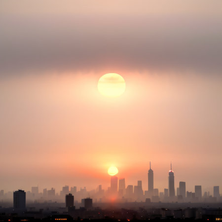 city skyline during a with heat haze visibleの素材