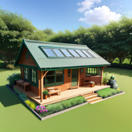 Miniature small house with grass roof on sky background with copy Bannerの素材