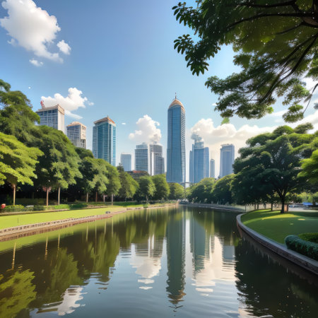 Bangkok beautiful view from Lumpini Green grass field in park at cityの素材