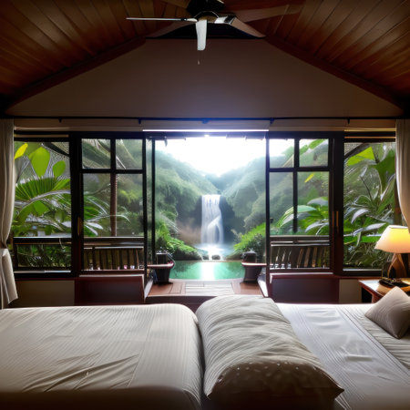 Bedroom Interior Design With Panoramic Windows With a View of a Waterfallの素材