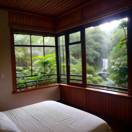 Bedroom Interior Design With Panoramic Windows With a View of a Waterfallの素材