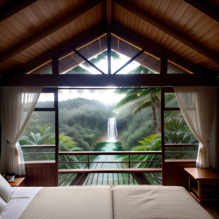 Bedroom Interior Design With Panoramic Windows With a View of a Waterfallの素材