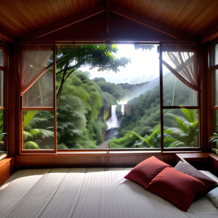Bedroom Interior Design With Panoramic Windows With a View of a Waterfallの素材