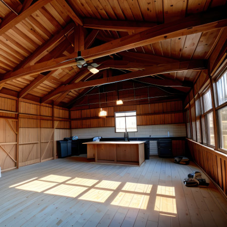 Builders working on a construction area with wood structures ofの素材