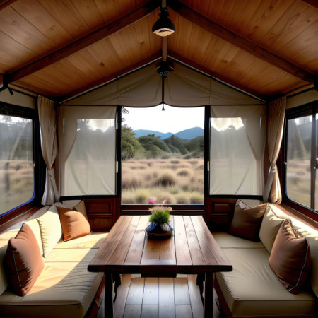 The inside of a safari tent is furnished in an wildの素材