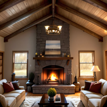 A stone fireplace in a living room next to aの素材