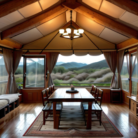 The inside of a safari tent is furnished in an wildの素材