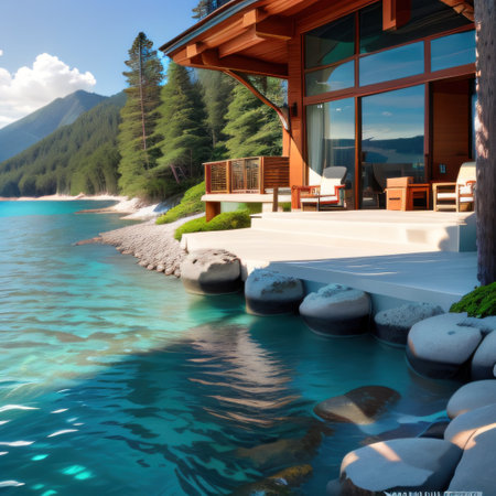 A luxurious retreat featuring a contemporary mountain house with offeringの素材