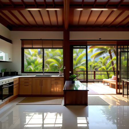 Bali style minimalistic luxury kitchen villa resort interior with greenの素材